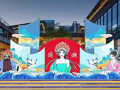 Chinese Style Trend Decoration With Opera Characters Red Background Blue Waves And Crane Elements 3d model