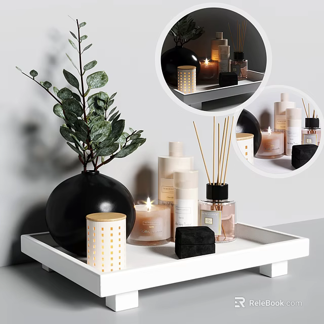 Stylish Bathroom Accessories With White Tray Candles Diffusers Soap And Eucalyptus Plant 3d model