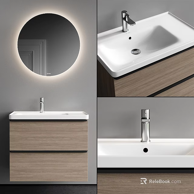 Modern Bathroom Vanity With Wooden Cabinet Round Lit Mirror And White Countertop 3d model 