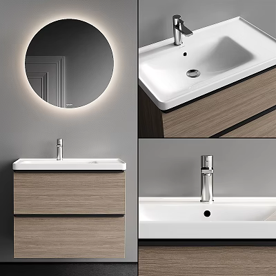 Modern Bathroom Vanity With Wooden Cabinet Round Lit Mirror And White Countertop 3d model