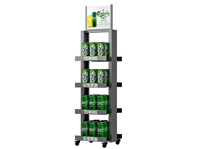 Mobile Display Rack With Green Canned Drinks And Top Advertising Sign 3d model