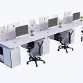Modern Office Desk with Multiple Workstations Computer Monitors Ergonomic Chairs and Small Potted Plants 3d model