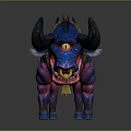 Fantasy Creature With Blue Pink Body Large Black Horns Red Eyes Sharp Fangs And Tail