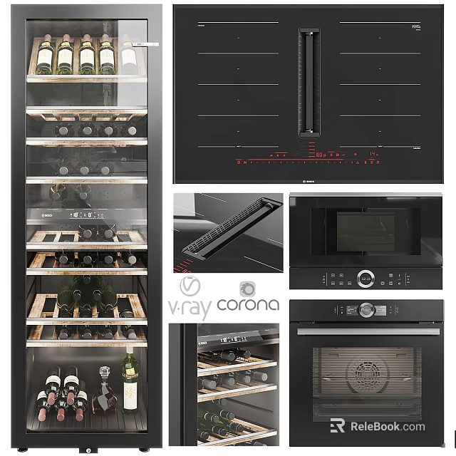 Sleek Modern Black Kitchen Appliances With Wine Cooler Oven And Microwave 3d model 
