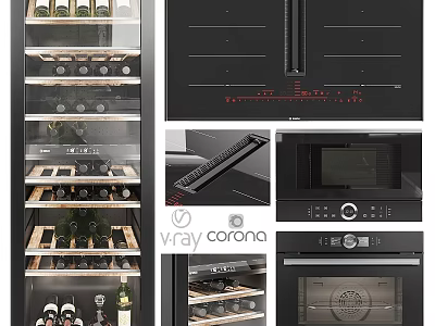 Sleek Modern Black Kitchen Appliances With Wine Cooler Oven And Microwave 3d model