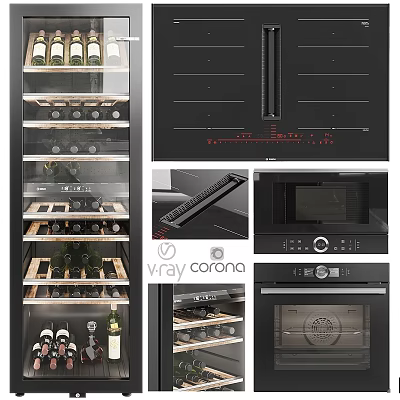 Sleek Modern Black Kitchen Appliances With Wine Cooler Oven And Microwave 3d model