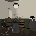 Modern Dining Table Set With Round Table Mixed Design Chairs Pendant Light And Arched Wall 3d model
