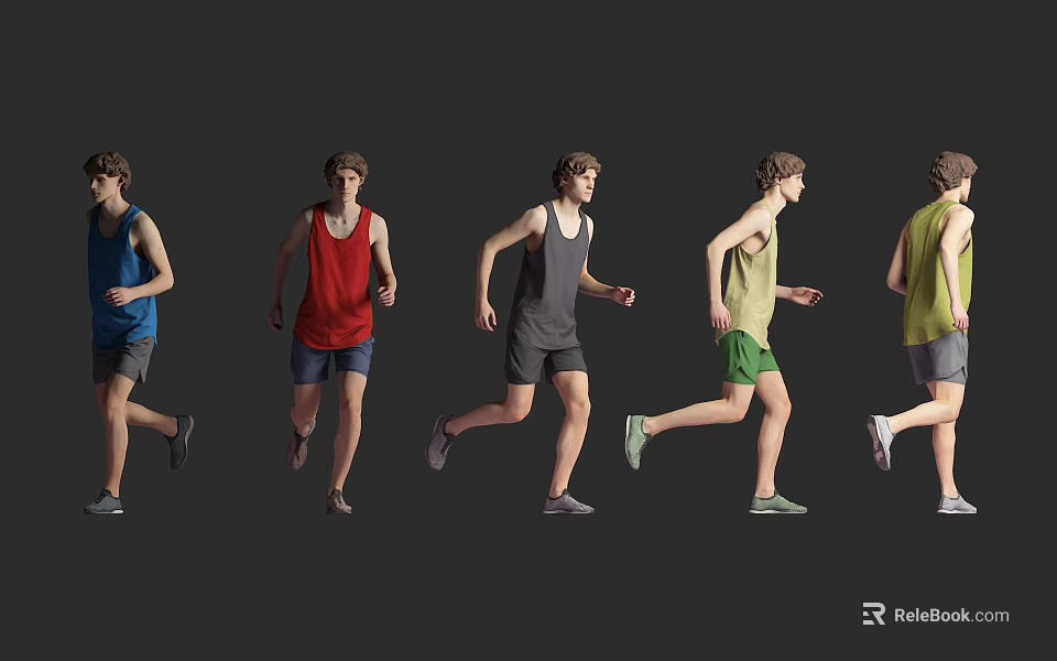Men Running in Different Poses Wearing Colorful Tank Tops And Shorts Against Gray Background 3d model 