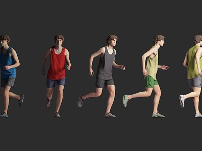 Men Running in Different Poses Wearing Colorful Tank Tops And Shorts Against Gray Background 3d model