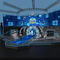 Futuristic Tech Stage Design With Blue Lighting Circular Structure Central Figure And Large Screens