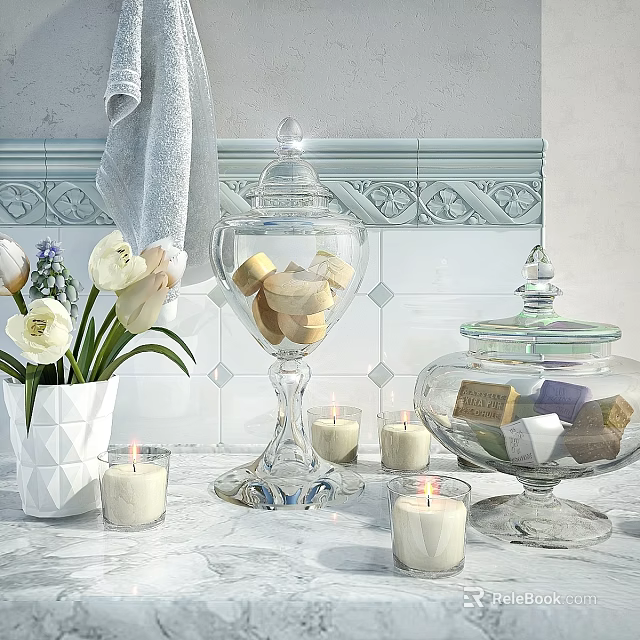 Stylish Bath Towel and Glass Jars with Soaps Candles and White Flowers on Tile Background 3d model 