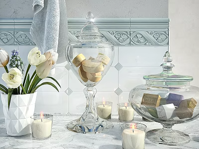 Stylish Bath Towel and Glass Jars with Soaps Candles and White Flowers on Tile Background 3d model