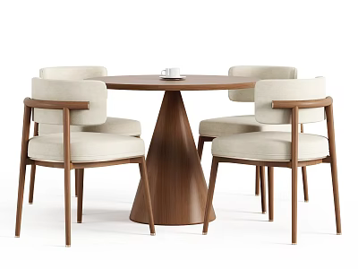Modern Wooden Round Table And Chair Set With Four Light Colored Cushioned Chairs 3d model