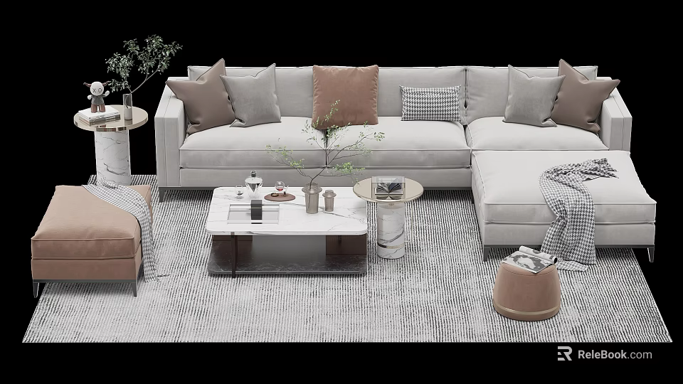 Modern Sofa Coffee Table Set With Plush Pillows And Accent Area Rug 3d model
