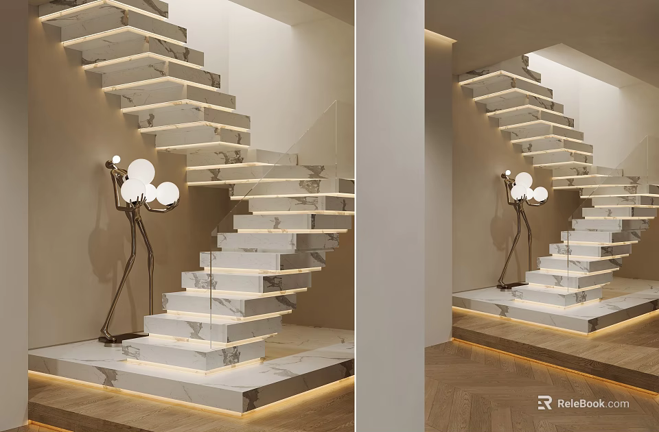 Modern Marble Staircase With Illuminated Steps Floor Lamp And Wooden Floor 3d model 