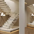 Modern Marble Staircase With Illuminated Steps Floor Lamp And Wooden Floor