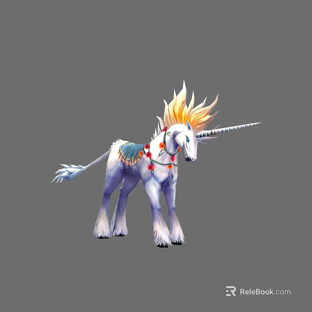 Mythical White Unicorn With Golden Mane Blue Horn And Decorative Saddle 3d model 