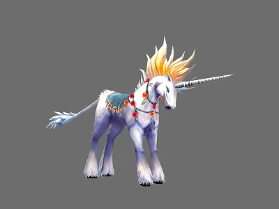 Mythical White Unicorn With Golden Mane Blue Horn And Decorative Saddle 3d model
