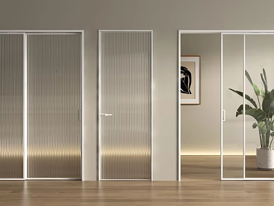 Modern Glass Sliding Doors With Vertical Stripes Enhancing Light In Minimalist Interior Space 3d model