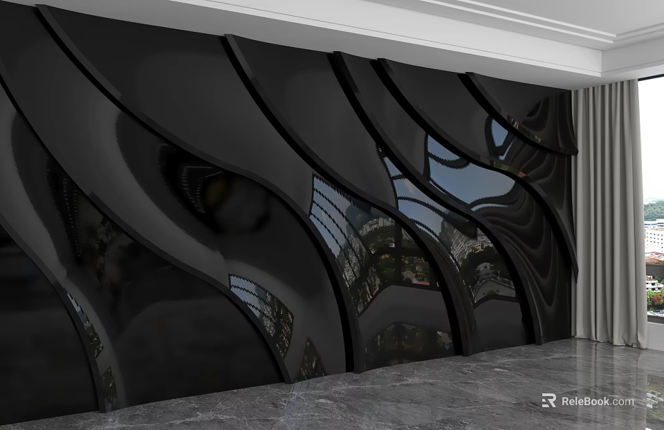 Black Wavy Glossy Wall Design Reflects Outdoor Scenery With White Curtains And Gray Marble Floor 3d model 