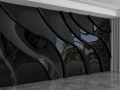 Black Wavy Glossy Wall Design Reflects Outdoor Scenery With White Curtains And Gray Marble Floor 3d model