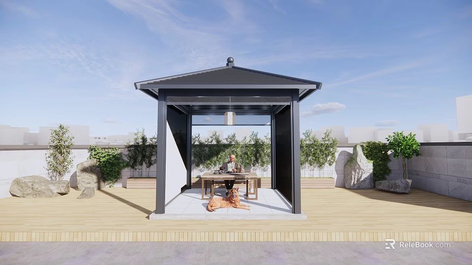 Outdoor Terrace Pavilion With Wooden Floor Plants And Seating Area Under Blue Sky 3d model 