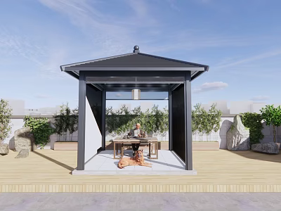 Outdoor Terrace Pavilion With Wooden Floor Plants And Seating Area Under Blue Sky 3d model