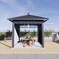 Outdoor Terrace Pavilion With Wooden Floor Plants And Seating Area Under Blue Sky