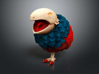 Colorful 3D Bird With Open Beak Yellow Eyes Red Feet Blue Red Feathers Dark Background 3d model
