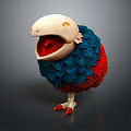Colorful 3D Bird With Open Beak Yellow Eyes Red Feet Blue Red Feathers Dark Background
