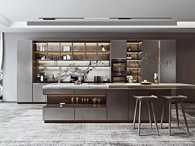 Modern Gray Kitchen Interior Design With Central Island And Glass Door Cabinets 3d model