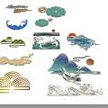 Traditional Chinese Decorative Patterns Including Clouds Waves Mountains Sun and Crane for Design 3d model