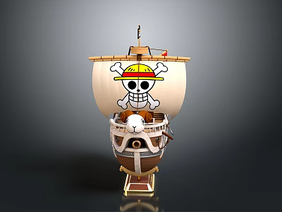 Anime Style Wooden Watercraft With Large Sail Featuring Straw Hat Skull Logo And Detailed Deck 3d model