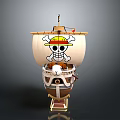 Anime Style Wooden Watercraft With Large Sail Featuring Straw Hat Skull Logo And Detailed Deck