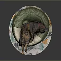 Green Snake Shaped Cat Bed With Sleeping Tabby Cat On Patterned Mat