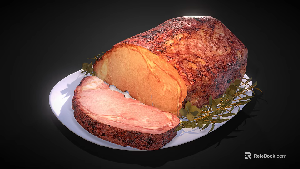 Juicy Roasted Meat Sliced on White Plate with Fresh Rosemary Garnish 3d model 