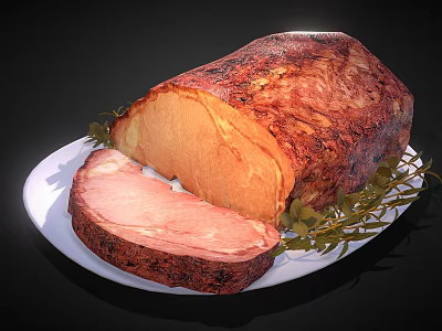 Juicy Roasted Meat Sliced on White Plate with Fresh Rosemary Garnish 3d model