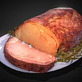 Juicy Roasted Meat Sliced on White Plate with Fresh Rosemary Garnish