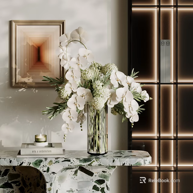 Transparent Glass Vase With White Orchids And Flowers On Marble Tabletop In Modern Interior 3d model 