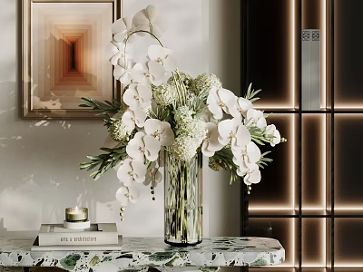 Transparent Glass Vase With White Orchids And Flowers On Marble Tabletop In Modern Interior 3d model