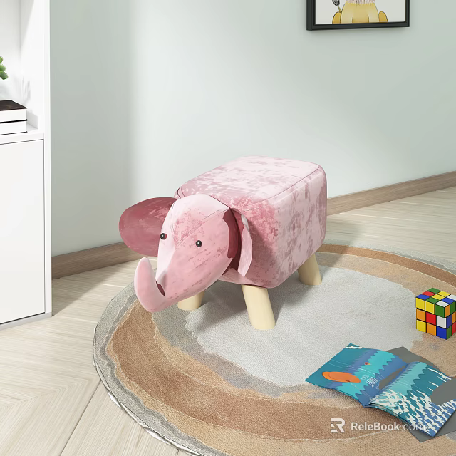 Pink Elephant Shaped Plush Stool for Kids Room with Soft Surface and Toys 3d model 