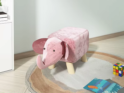 Pink Elephant Shaped Plush Stool for Kids Room with Soft Surface and Toys 3d model