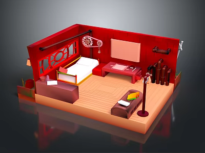 Cartoon Style Room Interior With Red Walls Bed Sofa Table And Decorative Lamp 3d model