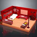 Cartoon Style Room Interior With Red Walls Bed Sofa Table And Decorative Lamp