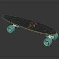 Stylish Dark Blue Skateboard With Teal Wheels And Gold Signature Design 3d model