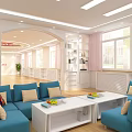 Bright Modern Interior With Arched Doorway White Bookshelves Blue Sofas TV And Wooden Flooring