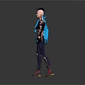 3D Character Wearing Blue Jacket Black Tight Pants Red Shoes Hat And Headphones