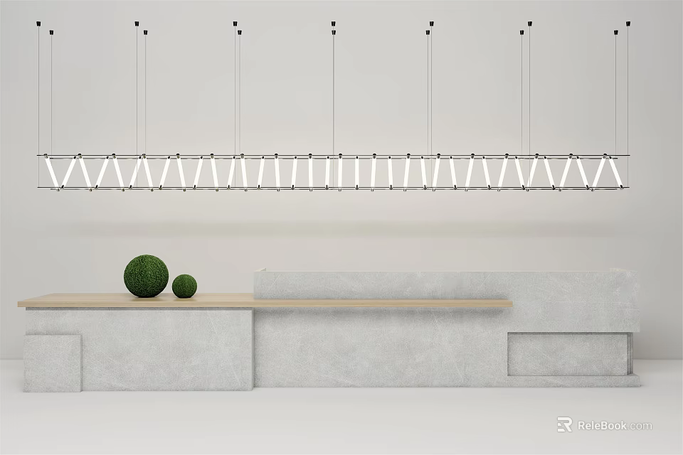 Modern Style Reception Desk With Wooden Countertop White Pendant Lights And Green Spherical Decorations 3d model 