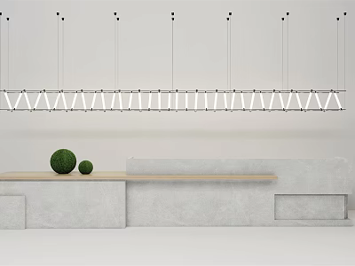 Modern Style Reception Desk With Wooden Countertop White Pendant Lights And Green Spherical Decorations 3d model