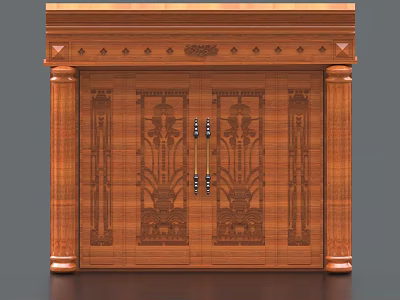 Elegant Wooden Double Doors With Intricate Carved Patterns And Decorative Columns Design 3d model